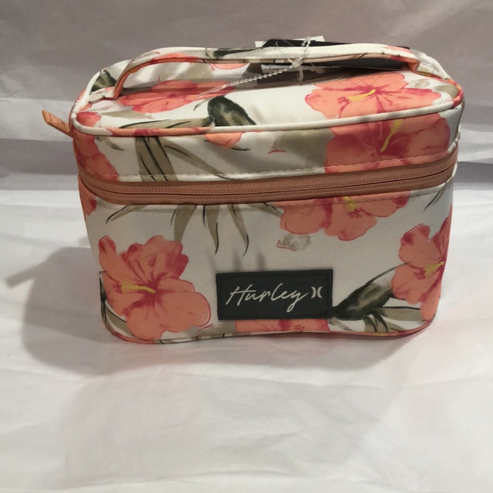 Hurley marshmallow white coral pink tropical print medium makeup beauty case new